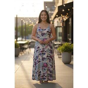 LUSH Women Size L Pink Floral V Spaghetti Straps Maxi  Dress